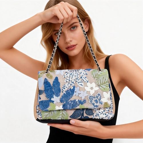 Image of Handmade Sequin Embroidery Straw Tote - Bohemian Shoulder Bag, Large Capacity, Perfect for Vacation, Travel, Daily Use & Banquets (Blue Flower)