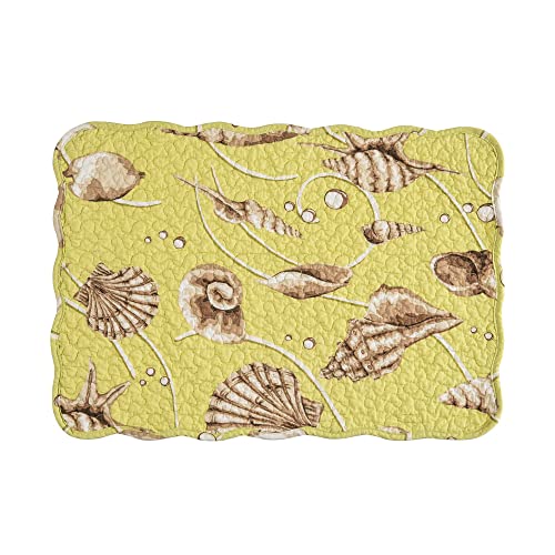 Image of C&F Home Baker Cotton Quilted Reversible Machine Washable Green Seashell Vintage Design Placemat Set of 6 Scalloped Edges Coastal Beach Ocean for Kitchen or Dining Table Rectangular Placemat Set of 6
