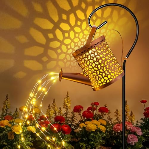 Ollny Solar Watering Can with Cascading Lights Outdoor Garden Ornaments LED String Light Waterproof Dual Mode Hanging Lantern Outside Pathway Decor Women Mum Grandma Birthday Gifts (Honeycomb)