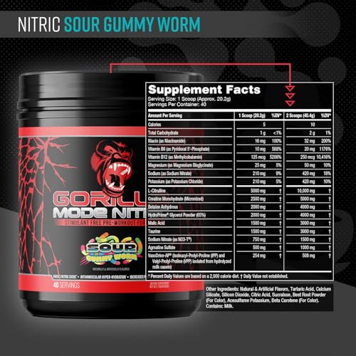 Image of Gorilla Mode Nitric Upgraded Stimulant Free Pre-Workout - Best Tasting and Most Effective Stimulant Free Pre-Workout /Massive Pumps . Vasodilation . Power / 808 Grams (Sour Gummy Worms)