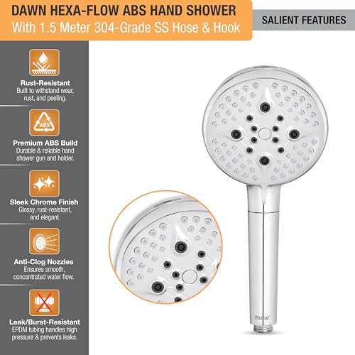 Image of Ruhe Dawn Multi-Functional Hexa-Flow Modes ABS Hand Shower | Hard Water Softner Filtered Handheld Shower with 1.5 Meter 304-Grade Stainless Steel Hose & Hook