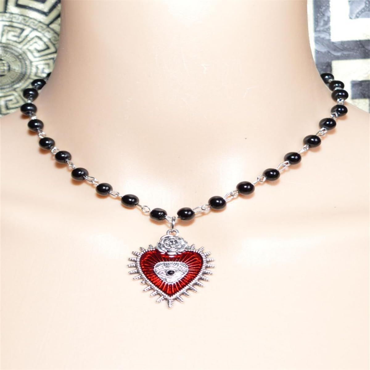 PINK TOWN Gothic Heart Pendant Necklace for Women,Vintage Beaded Choker Goth Y2k Devil Vampire Evil Eye Necklaces Punk Style Thorns Heart Necklace Halloween Victoria Mystic Witch Jewelry Accessories - Image 2