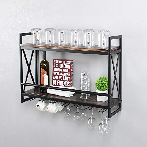 Mbqq Rustic Wall Mounted Wine Racks With 7 Stem Glass Holder,30In Industrial Metal Hanging Wine Rack,2-Tiers Wood Shelf Floating Shelves,Home Room Living Room Kitchen Decor Display Rack,Retro Black #TOP5