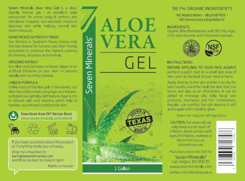 Image of Seven Minerals Aloe Vera Gel with Freshly Cut Pure Organic Aloe - 1 Gallon - HighestQuality, Texas grown, Vegan, Unscented - For Face, Skin, Hair - Bulk DIY (128 Fl Oz)