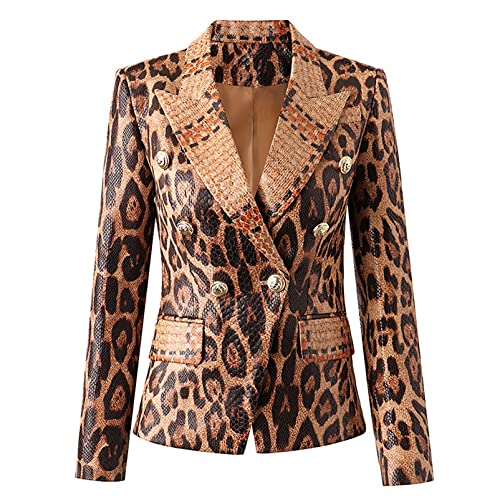 Women's Blazer Jacket Leopard Print Pu Leather Lady Business Office Work Blazer Suits Jackets Coats Outwear Party Dinner Prom