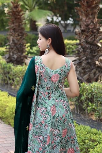 Image of GoSriKi Women's Cotton Blend Anarkali Printed Kurta with Pant & Dupatta