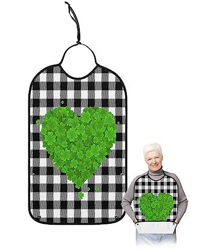 LEOKOTI St. Patrick's Day Adult Bibs for Eating, Waterproof Bibs with Food Catcher & Adjustable Snap Closure, Black White Checkered Lucky Clovers Love Heart Clothing Protectors Adult Bibs for Elderly