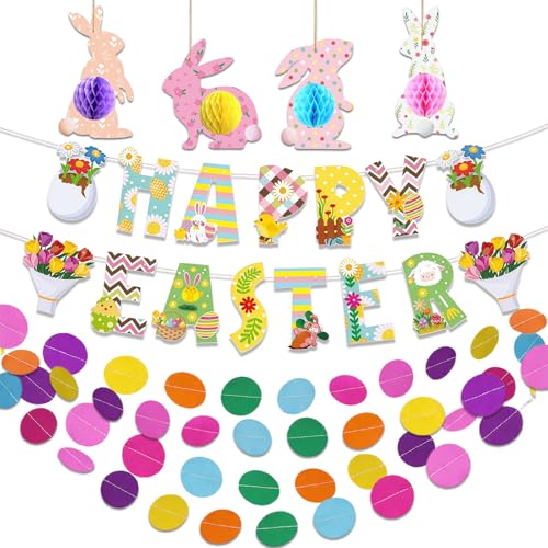 MUNSKT Pancarta de feliz Pascua, decoraciones de banderines de Pascua, decoraciones de árbol, decoraciones de mesa de Pascua, decoración de árbol de panal 3D para fiesta, búsqueda de huevos de Pascua