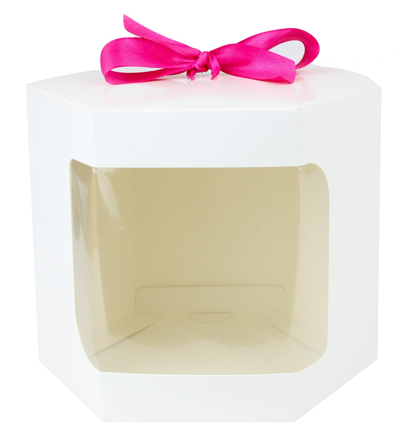 Emartbuy Strong Paper Stand Up Hexagon Gift Bag, 13 cm x 13 cm x 14 cm, White Kraft Bag Cupcakes Cookies Muffin Pie Box with Clear Window and Hot Pink Ribbon - Pack of 96