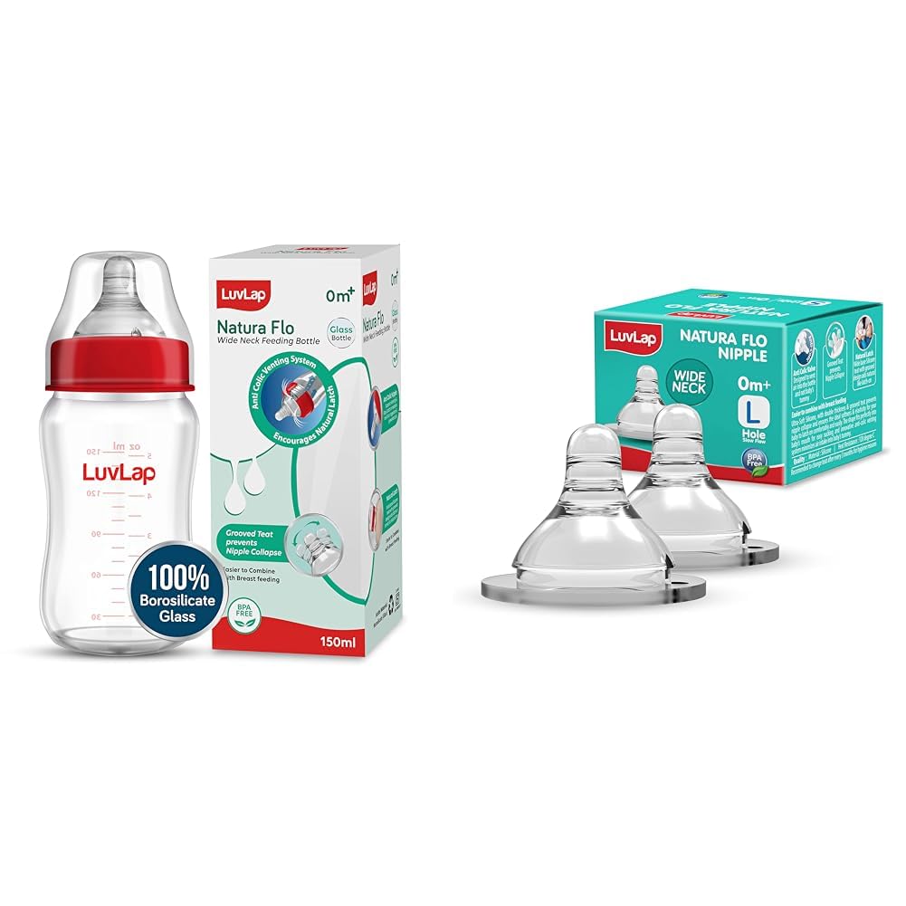 LuvLap Natura Flo Wide Neck Glass Feeding Bottle, 150ml & Luvlap Anti-Colic Natura Flo Teat/Nipple for Wide Neck Bottle, 2pcs, Fast Flow, 6m+