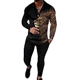 Size L Black with Gold Lion 2025 Men's Polo Sweatsuit Set Long Sleeve 2 Piece Outfit Fashion Jogging Track Suit Comfy Casual Set for Men