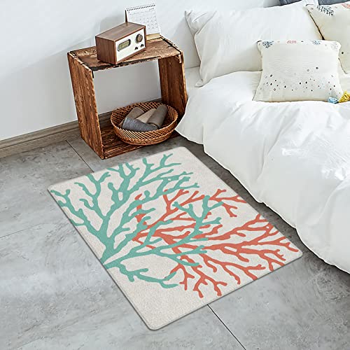 Teal Red Coral Door Mat - Leather Front Door Mat Non-Slip Kitchen Rugs, Summer Ocean Nautical Coastal Rustic Burlap Waterproof Floor Mats Indoor Outdoor Welcome Doormat For Doorway/Bathroom 18"X30" #TOP2