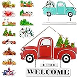 AerWo 16' Red Truck Decor Interchangeable Welcome Sign for Front Door, Reversible Rustic Wood for...