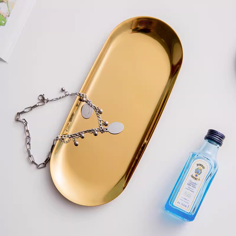 FAURAPMNG 2 Pcs Stainless Steel Decorative Tray, 22CM Length, Gold Oval Jewelry Dish Cosmetics Storage Organizer Dish, Makeup Cosmetic Trays, Towel Napkin Tray, Bathroom Platter Storage Tray 2
