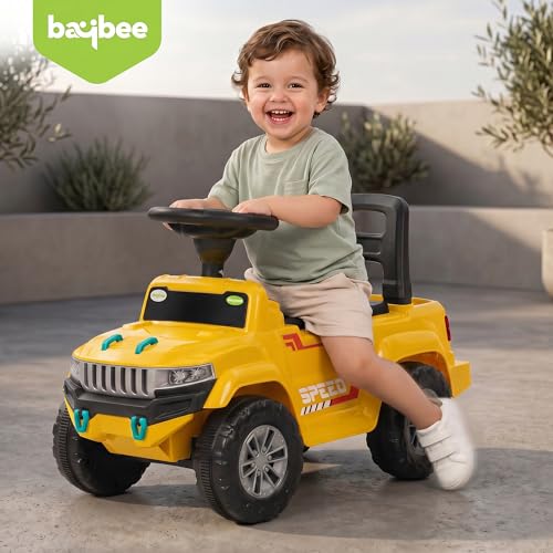 Image of Baybee Speedy Baby Ride on Car for Kids | Portable Kids Car with LED Lights, Music & Storage Basket | Push Toy Cars with High Backrest | Toddler Rideons Jeep for 1 to 3 Years Boys Girls (Yellow)
