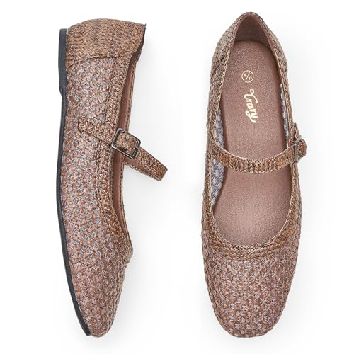 Image of Trary Mary Jane Shoes Women Woven Flats for Women Dressy Ballet Flats Squared Toe Mary Jane Flats Shoes