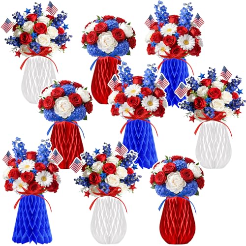 Kathfly 9 Pcs Patriotic Table Decorations 4th of July Honeycomb Centerpieces Red White and Blue Rose American Flag Paper Vase Table Centerpiece for Independence Day Memorial Veterans Day Home Decor
