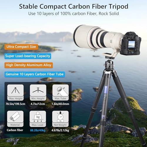 ARTCISE 10-Layer Carbon Fiber 78" Heavy Duty Tripod, 40mm Dia, 88lbs Load Capacity