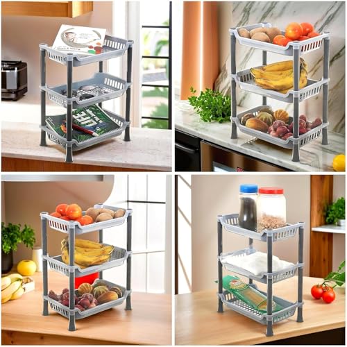 Image of Multipurpose 3-Tier Plastic Storage Rack Kitchen Organiser Shelf | Stackable Stand for Vegetables & Fruits | Durable Space Saving Storage Rack for Home Kitchen Organization