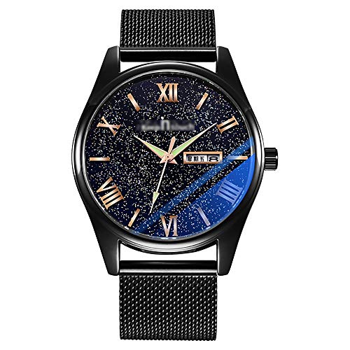 LFDHSF Herrenuhren wasserdicht Mode Sternenhimmel Uhren analoge Quarz-Armbanduhr-Black-Meshbelt