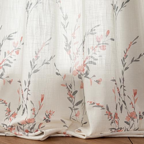 Image of MYSKY HOME Floral Sheer Curtains 84 Inch Long Linen Blended 2 Panels Coral | Bedroom Living /Dining Room Floral Light Filtering Curtains Patterned Privacy Protect Farmhouse Window Treatment 50 inch W