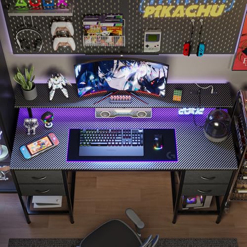 Image of Huuger 47 inch Computer Desk with 4 Drawers, Gaming Desk with LED Lights & Power Outlets, Home Office Desk with Large Storage Space for Bedroom, Work from Home, Carbon Fibre Black