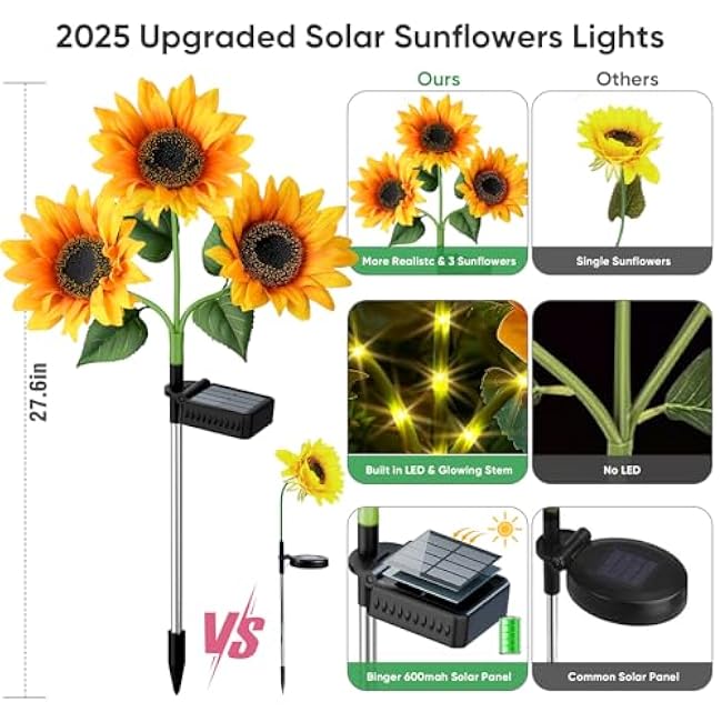 Sunflower Solar Lights Garden Decor: 6-Pack Artificial LED Solar Flower Lights Spring Summer Outdoor Decorations- Waterproof Patio Lamps for Outside Yard Pathway Walkway Porch - Gifts for Women Mom
