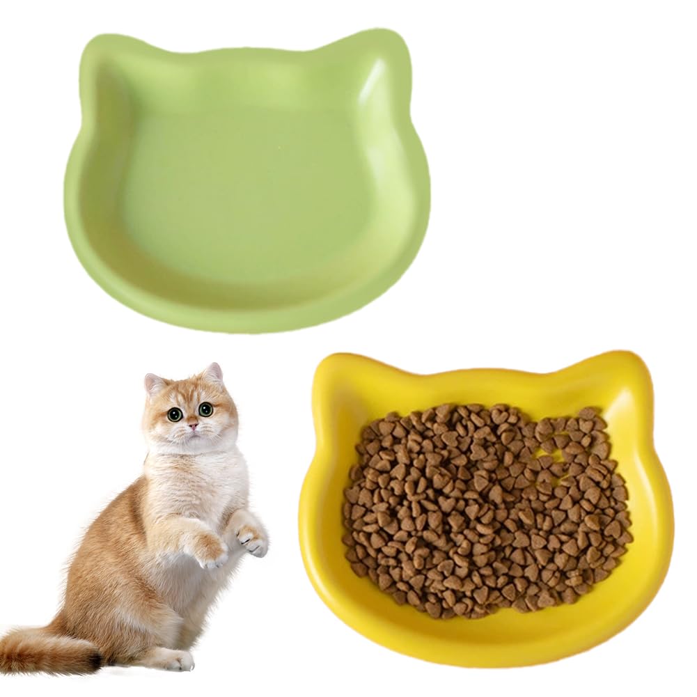 Larfraecy 2 Pack Cat Bowls Whisker Friendly,Flat Wide Food Dishes Shallow Cat Bowl,Non-Slip Plates Cats Dishes for Dry and Wet Food&Water,Dishwasher Safe Kitten Bowls for Indoor Cats(Random 2 Colors)