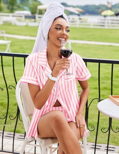 Image of Ekouaer Silk Pajamas for Women Button Down Sleepwear 2 Piece Pjs Shorts Set | Classic Short Sleeve Notch Neck Lounge Set with Pockets,Soft Cute Pj Set,Bridal Gifts,Pajama Party,Maternity Outfits