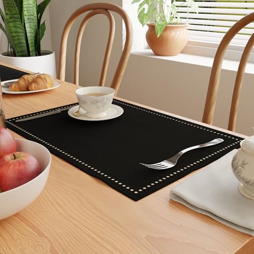 Encasa XO Juegos de Manteles de Mesa Set de 4 | Diseño de Hilo Bordado en Puro Algodón | Negro | Tamaño Rectangular 48x32 cm - Mantel Individual | Lavable a Máquina