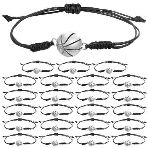 24pcs Basketball Bracelets, Adjustable Basketball Player Bracelet Hand Braided Rope Basketball Charm Bracelet Unisex Sport Jewelry Accessories for Women Men Teens Girls Boys Kids Team Coaches