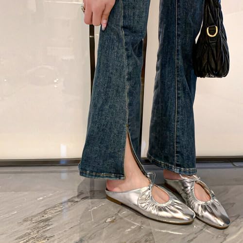 Generic Women's Leather Lace Up Slingback Flat Mules,Closed Toe Square Toe Ballet Flats, Casual Comfortable Dressy Dating Work Shoes for Women, Gold4