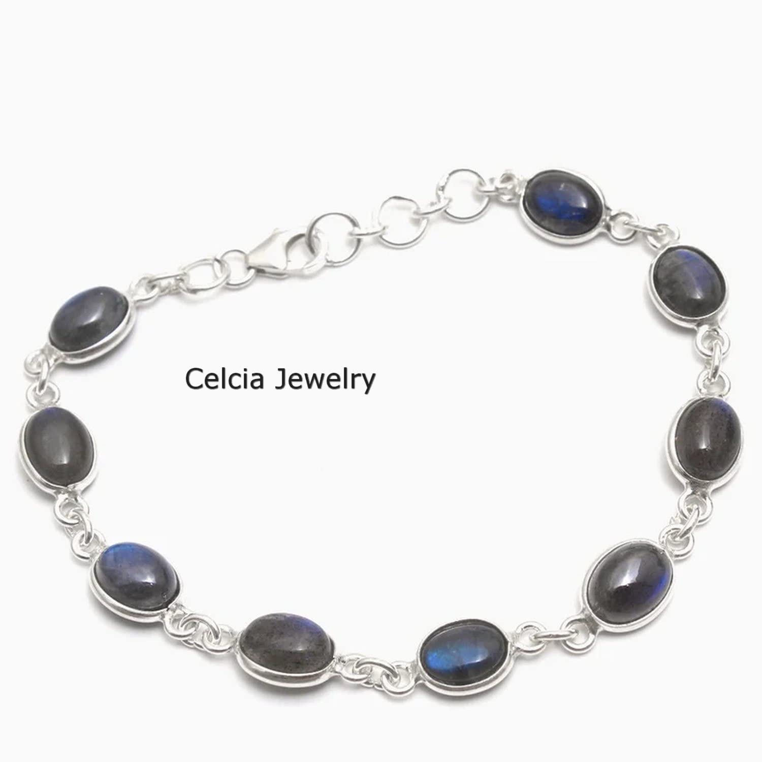 Pulsera de plata de ley 925 maciza para mujeres y niñas, pulsera de labradorita genuina, pulsera artesanal única de piedras preciosas para ella o para él