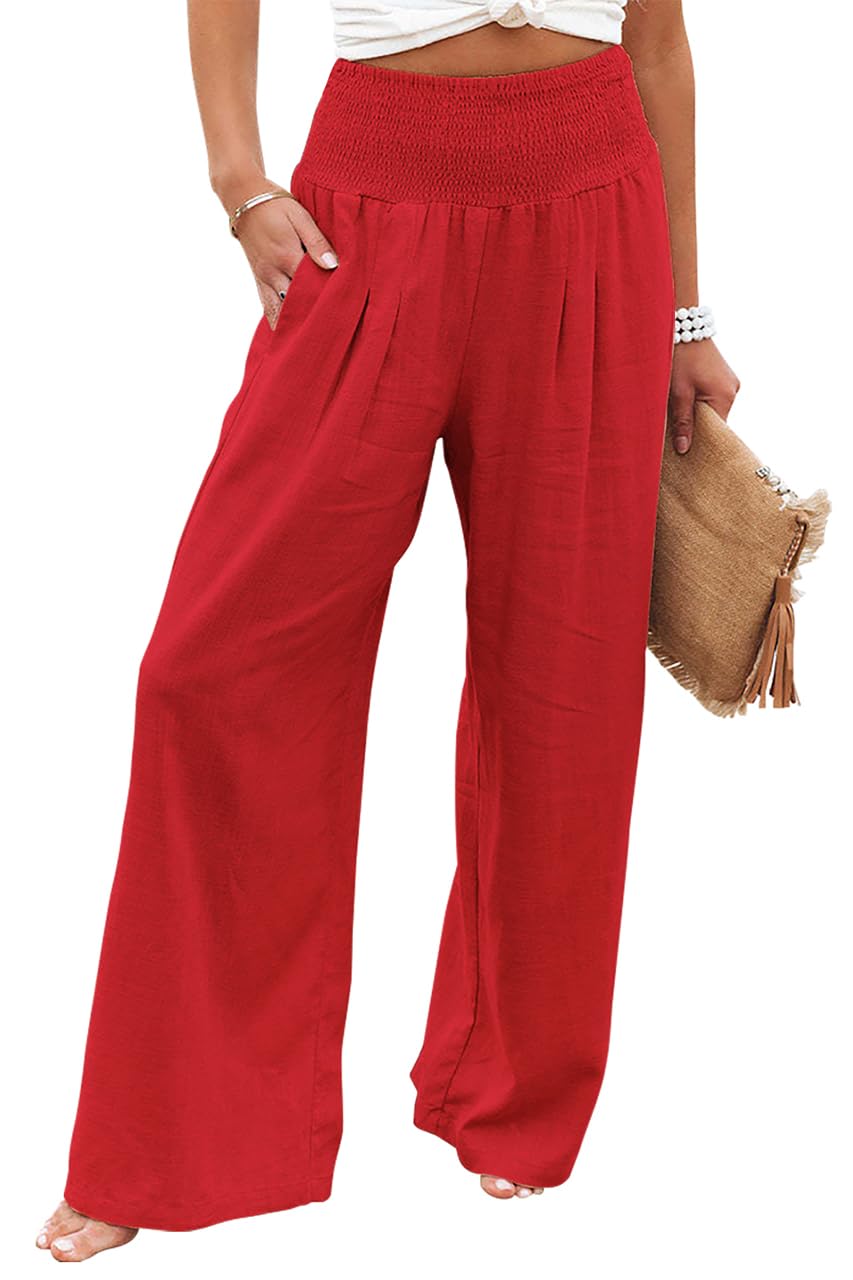 chouyatou Womens Smocked High Waisted Cotton Linen Wide Leg Pants Palazzo with Pockets