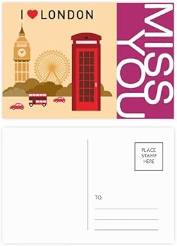 Amazon 私はロンドン英国郵便局 レッド ビッグ ベンの旗マークイラストパターンが大好きです ポストカードセットサンクスカード郵送側個ミス ノート 文房具 オフィス用品