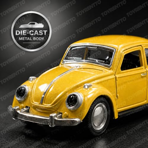 Image of 1:36 Scale 1967 Classic Yellow VW Beetle Die-Cast Pull Back Toy Car with Openable Doors, Metal Body Collectible Model for Kids & Adults