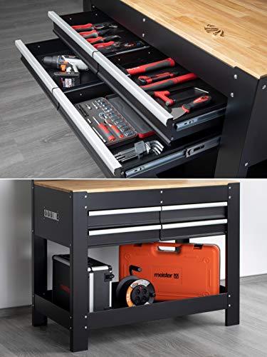 Meister Werkbank 1400 x 1140 x 610 mm - 200 kg Tragkraft - Vier Schubladen, Lochrückwand & drei Ablagefächer - Mit LED-Arbeitsleuchte & integrierter Steckdosenleiste - Aus Stahl / Werktisch / 9079700