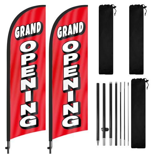 Grand Opening Banner Flag for Business, 8FT Grand Opening Feather Flag Pole Kit with Ground Stake, Grand Opening Advertising Banner Signs for for New Store Launches Reopenings 2Pack