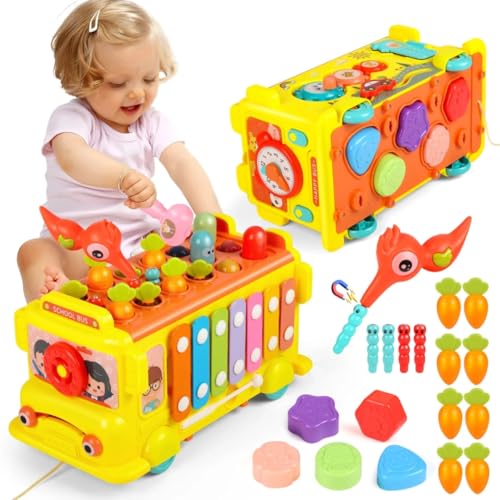Image of PLUSPOINT Activity School Bus Toy for Kids Multifunctional Pull-Along Bus with Gears, Teaching Clock, Fishing Game Color Matching Shape Puzzles Whack-a-mole Toddler Musical Toy for 1-5 yrs