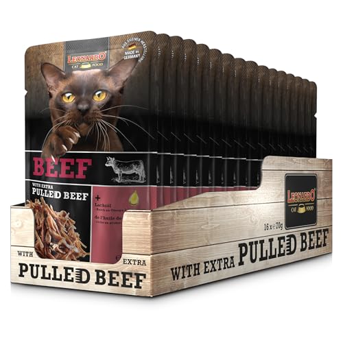 LEONARDO Frischebeutel [16x70g Beef mit Fleischstreifen] Pulled Beef | Getreidefreies Nassfutter für Katzen | Alleinfuttermittel Katzenfutter