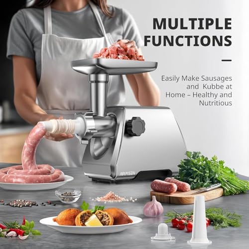 Image of AIRMSEN Electric Meat Grinder & Mincer - Heavy Duty Professional Stainless Steel Sausage Maker & Stuffer with 3 Plates, 2 Stainless Blades & Kubbe Kit - Fast, Quiet, Easy to Clean for Home Kitchen Use