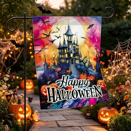 Image of Happy Halloween Garden Flag 12x18 Inch Haunted House Pumpkin Halloween Yard Flag Spooky Fall Porch Decor