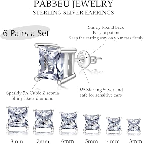 PABBEU 4Pairs Sterling Silver Stud Earrings for Women Hypoallergenic 925 Sterling Silver Earring Studs Small Stacks AAAAA Cubic Zirconia Cartilage SilverStud Earrings Set for Women Gift2