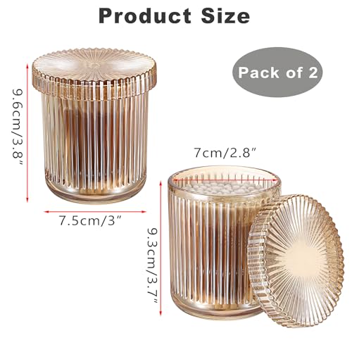 OGANAZI 2 Stück Glas Wattepads Box Wattestäbchen Behälter Set Bernstein Wattepadspender Rund Kosmetik Organizer Kleinteile Aufbewahrungsboxen für Beauty-Ei, Zahnseide, Tampon, Haarschmuck, Badesalz