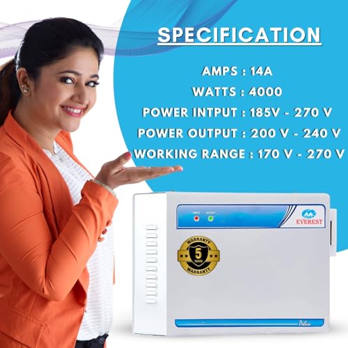 Image of Everest 4KVA-N Voltage Stabilizer for Up to 1.5 Ton AC | Compatible with Inverter, Split & Window AC | Working Range 170V-270V | Intelligent Time Delay System | LED Indicator | White