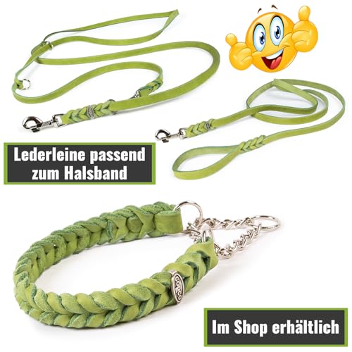 CopcoPet Fettleder Halsband 40–45cm x 20mm Apfelgrün – Geflochten mit Zugstopp-Kette – Robust & weich – Verchromte Kette – Lederhalsband für mittelgroße Hunde, Training & Alltag