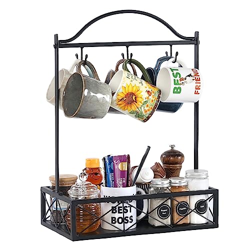 Amarfly Coffee Mug Holder, 6 Big Capacity Coffee Cup Holder for Countertop, Mug Tree Rack with Storage Base for Coffee Pod, Coffee Ceramic Mug, Coffee Bar Accessories, Home Storage Mug Hooks (Large)