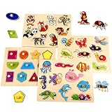 Wooden Peg Puzzles for Toddlers, 4 Pack Toddler Puzzles Set with Wooden Knobs, Preschool Learning Ed