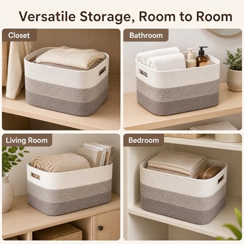 Image of Cotton Rope Laundry Basket Small, 12.8GAL Collapsible Woven Storage Baskets for Living Room Kids Toys Stuffed Animal,Boho Rectangular Decorative Short Hamper for Dirty Clothes Blankets Gradient Brown