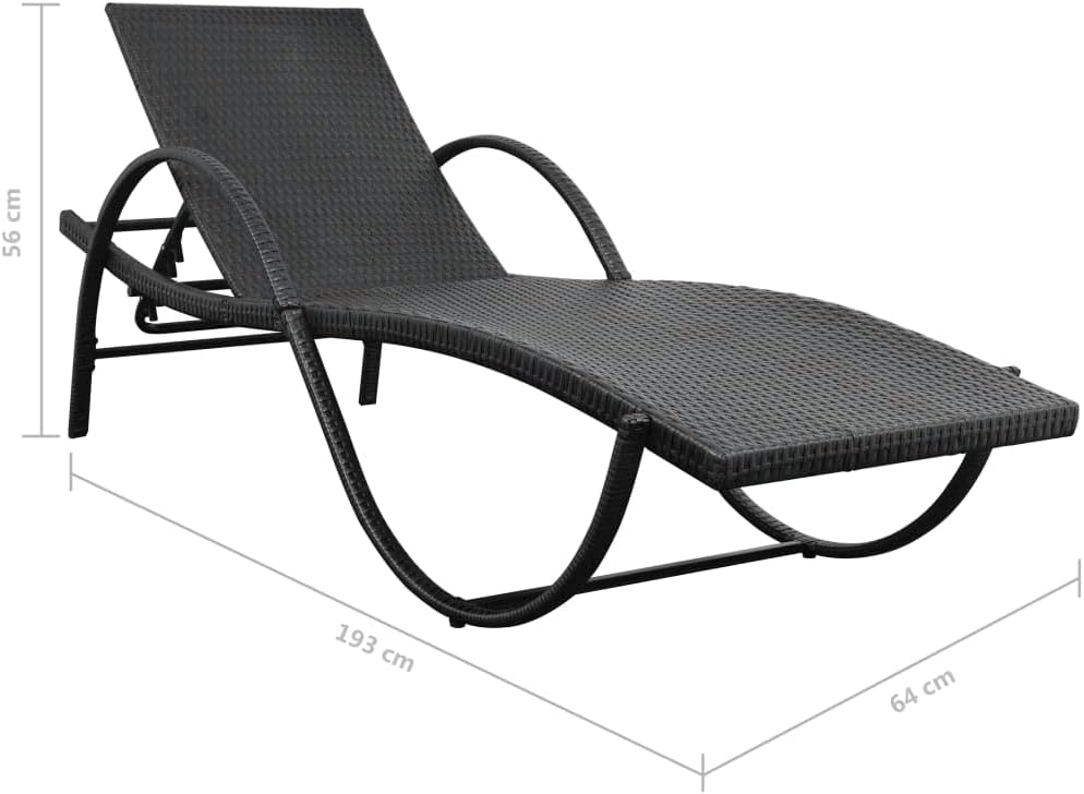 vidaXL Patio Lounge Chair 2 Pcs, Outdoor Chaise Lounge Chairs with Cushions and Backrest, Sunloungers with Table, Sunbeds, Poly Rattan Black